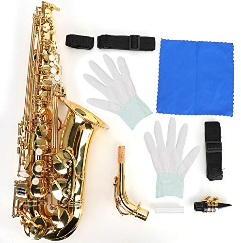 Alt Saxophon Kit, Es Messing Elektrophorese Gold behandelt Biegerohr Saxophon Instrument mit Gurt, Kork Fett, weiße Handschuhe, Reinigungsbürste, Saxophon Flöte, ect(Gold)