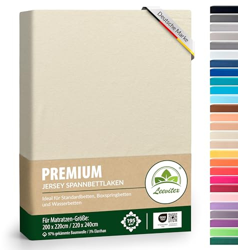 leevitex® Premium Wasserbett & Boxspringbett Spannbettlaken | Spannbetttuch | 200 x 220 bis 220 x 240 | 97% Mako-Jersey-Baumwolle | 3% Elastan | Naturweiß/Creme | 195 g/m²