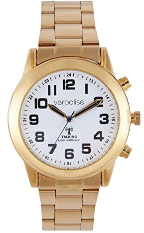 Verbalise Mens Radio Controlled Talking Calendar Watch with Gold Plated Case and Bracelet Strap, Clear English VMRC-80BG Speaking Male Voice Ideal for The Visually impaired, Blind and The Elderly