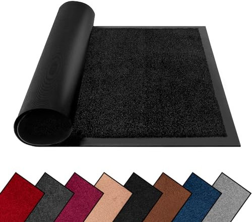 FB FunkyBuys Washable Dirt Trapper Door Mats Indoor & Outdoor, Heavy Duty Non Slip Doormats, Rubber Backed Floor Mat, Super Absorbent Front Door Mat, Entrance Rug (Black-Plain, 60cm x 90cm)