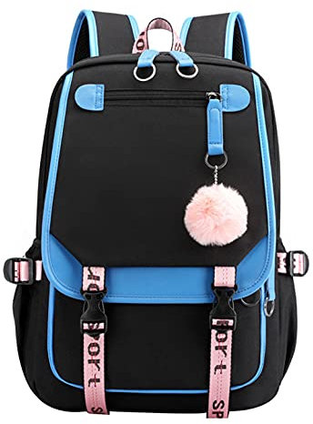 SellerFun Teenage girls' Backpack Middle School Students Bookbag Outdoor Daypack With USB charge Port (4# Blue Black, 21 Liters)