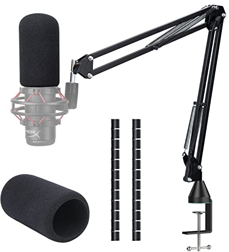 Für HyperX Quadcast-Galgenarm – verbesserter Mikrofonarm mit Reduzierung von Windgeräuschen Mikrofonabdeckung und Kabelhülse, Metall-Scheren-Mikrofonständer mit 0,95 cm auf 1,6 cm Adapter