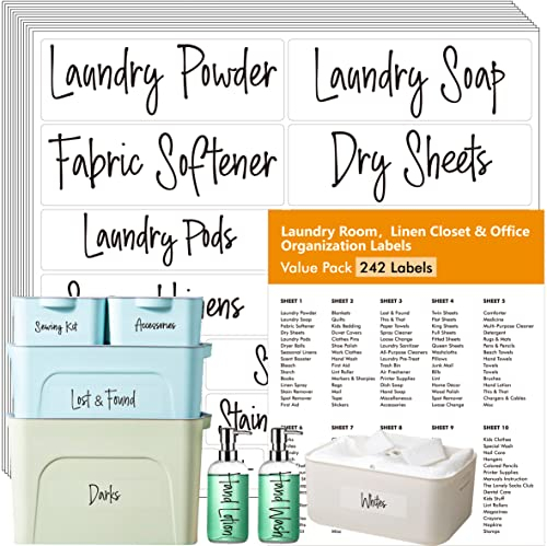 242 pcs Laundry Room, Linen Closet & Office Labels, 220 Pre-printed Waterproof Oil&Tear Resistant Removable Stickers, 22 Blank Ones, No Residue for Home Office Craft Room Organization (Black on Clear)