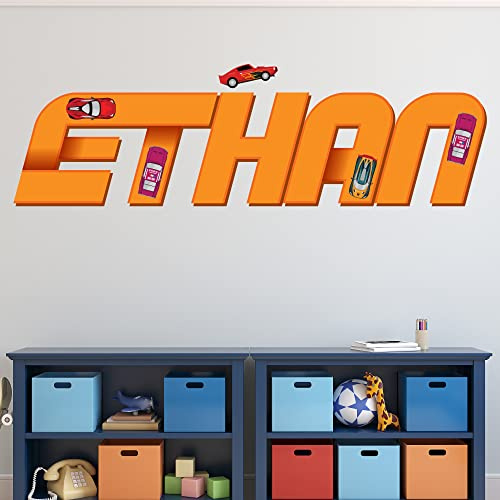 ndividueller Name Rennwagen-Wandsticker für Jungenzimmer - Schlafzimmerdekoration - Auto-Wandsticker - Zimmerdekoration im Auto-Thema - Rennauto-Wandsticker - Personalisierter Name Jungen-Wandsticker
