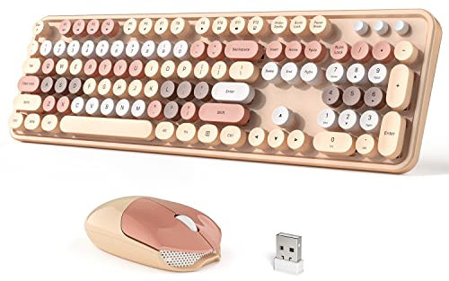 Dilter Wireless Keyboard and Mouse Combo, 104 Keys Full-Sized 2.4 GHz Round Keycap Colorful Keyboards, USB Receiver Plug and Play, for Windows, PC, Laptop, Desktop (Milk Tea)