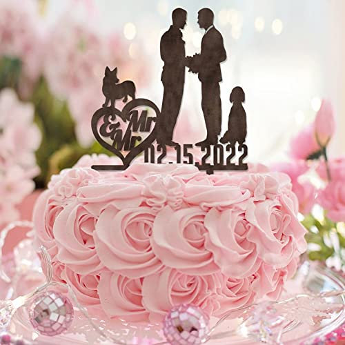Gay Wedding Cake Topper Bräutigam und Bräutigam mit Hund Katze Silhouette LGBT Hochzeit Party Favors Custom Gay Paar Geschenke Holz