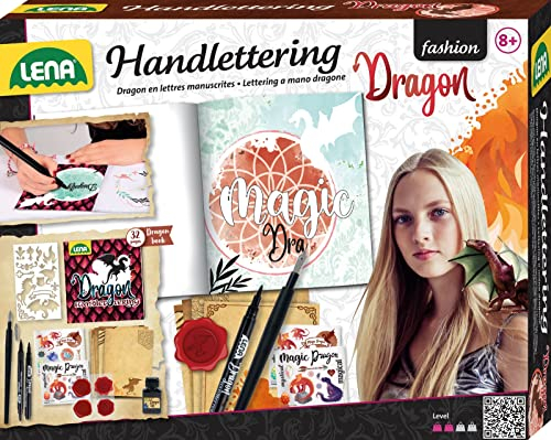 Lena 42336 Handlettering und Kalligraphie Set, Malheft mit Drachen-Motiven, 2 Schwarze Stifte, Federn Tintenfass, Sticker 4 Brief Vorlagen, Kreativset für Kinder ab 8 Jahren