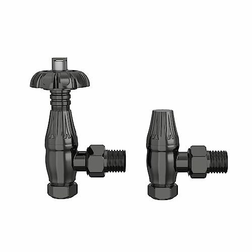 NRG Traditional Antique Angled Central Heating Radiator Valve 15mm Thermostatic Lockshield Valves Black Nickel