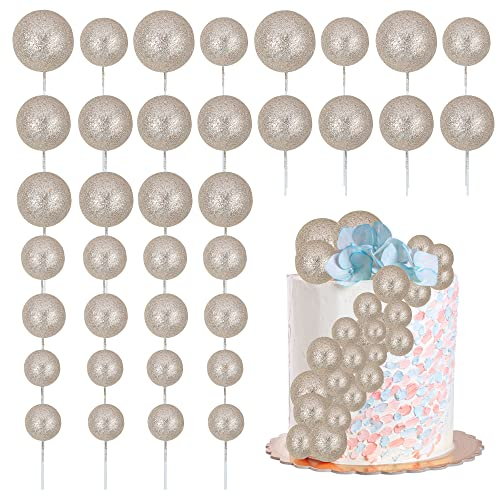 30Pcs Glitter Balls Cake Topper Mini Balloons Cake Toppers Foam Ball Cake Decorations Balloon Cake Topper Ball Shaped Cake Topper Baby Shower Wedding Anniversary Birthday Party Supplies Champagne Gold