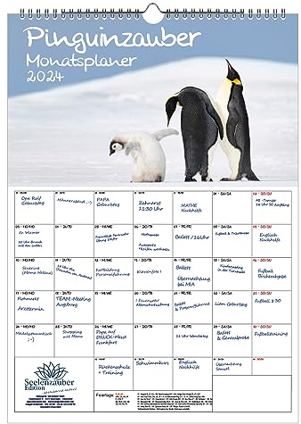 Pinguinzauber Planer DIN A3 Kalender für 2024 Pinguin - Geschenkset Inhalt: 1x Kalender, 1x Weihnachtskarte (insgesamt 2 Teile)