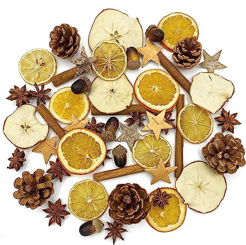 52 Stücks Weihnachtsdeko Adventskranz Set, Weihnachten Bastelset Naturdeko mit Ölkiefer Orangenscheiben Apfelschnitze Zimtschnecken Sternanis Eichel Birke Stern Weihnachtspotpourri