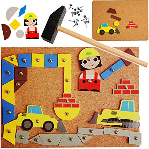 alles-meine.de GmbH XL - Hammerspiel - 136 Teile - Baustelle & Auto - Hammer - aus Holz - Hämmerchenspiel/Klopfspiel Nagelspiel - Nagel bunt - Hämmerchen mit Korkplatte & Vorla..