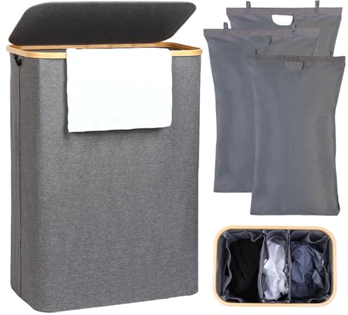 Panier a Linge 3 Compartiments，Corbeille à Linge Sale 160L Bac a Linge Sale de Salle de Bain en Bambou