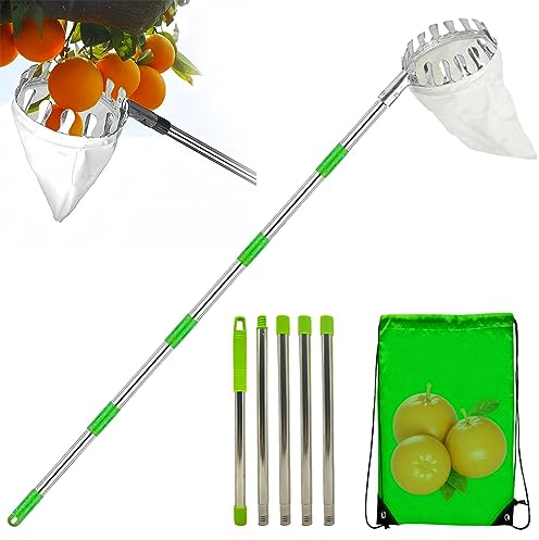 Uozonit Fruit Picker with Basket, Fruit Picker Head Basket with Extendable Telescopic, Portable Fruit Picker for High Heights, Metal Head Basket, Fruit Picker, Non-Slip Handle for Harvesting