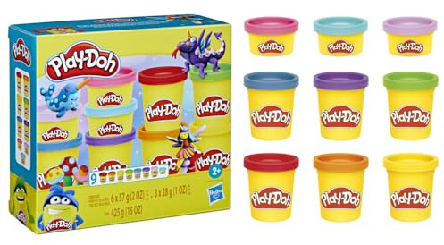 Play-Doh Modelliermasse Set, 9 Tuben in Mehrfarbig, 425g Gesamt, Weiche Konsistenz, Ungiftig, Wiederverwendbar, Ab 2 Jahren