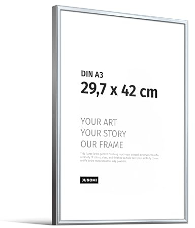 JUNOMI® Bilderrahmen DIN A3 (29,7x42 cm) - Aluminium Metall Silber Glänzend - Schmaler Rahmen mit bruchsicherem Acrylglas - Moderner Posterrahmen für Fotos und Bilder im Hoch- & Querformat
