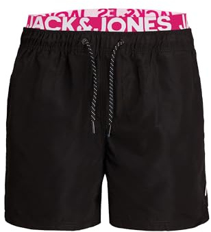 JACK & JONES Herren JPSTARUBA JJSWIMSHORTS AKM DB WB, Badehose, Badeshorts, Black/PINK GIO Logo White, XXL