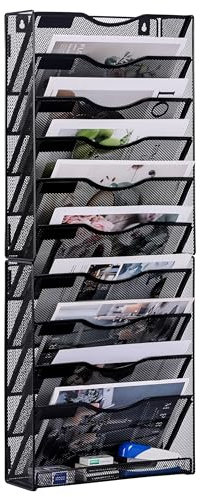 TQVAI Metal 10 Tier Wall File Holder Mesh Wall Mounted Magazine Rack Desk Stationary Tidy Organiser in Tray for Office School Accessories, Black