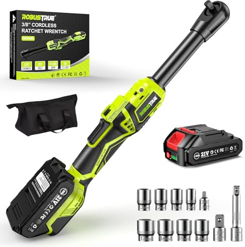 Robustrue Clé à cliquet sans fil, 400 tr/min, 400 tr/min, manche allongé de 15 cm, 2 batteries de 2,0 Ah, 8 clés à douille, tige d'extension de 3, lumière LED (RH80B)