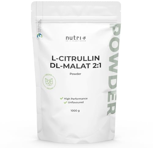 Nutri + L-Citrullin Malat Pulver 1 kg - hochdosiert vegan + rein - L-Citrulline Malate DL 2:1 1000 g - Premiumqualität aus pflanzlicher Fermentation