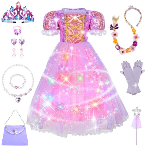 Déguisement Raiponce Fille 3-5 Ans, Robe Princesse LED Lumineuse, Cadeau Noël Avec Baguette Magique Et Couronne