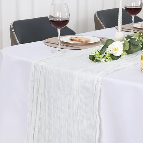 Jumdast Tischläufer Weiß, Käsetuch Tischläufer Boho, Tischläufer Modern | Tischläufer Outdoor Hochzeit abwaschbar Musselin Chiffon Stoff Hochzeitsdeko Taufe Deko Tischdeko (Weiß, 90 x 180 cm)
