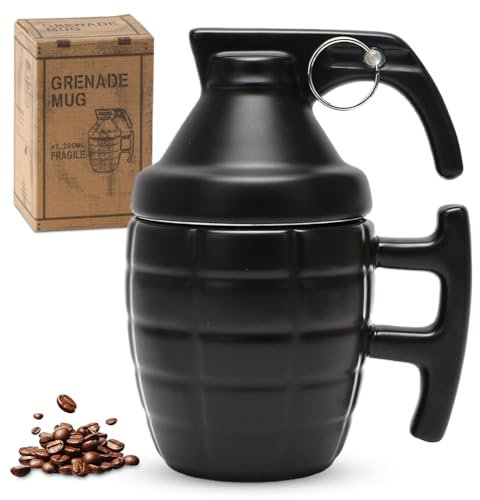EUBSWA Keramik Becher Handgranateform 280ML, Personalisierte Lustig Kaffeebecher Teetasse mit Deckel, 3D Spaß Granate Bierkrüge Geschenk für Militärfans, Familie und Freunde