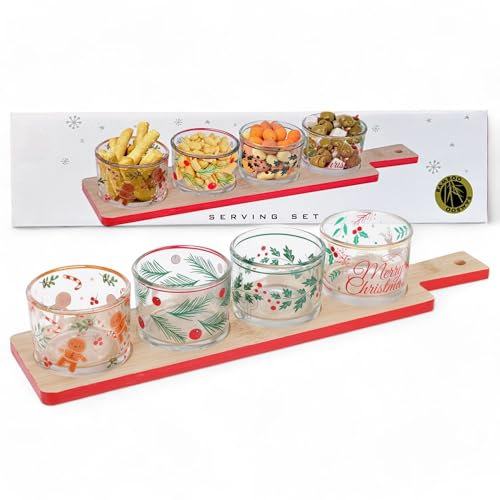 MIJOMA Servierset Weihnachten X-MAS – 5-teiliges Festliches Holzbrett mit Glasschalen – Perfekt für Tapas, Käse, Dips und Süßigkeiten