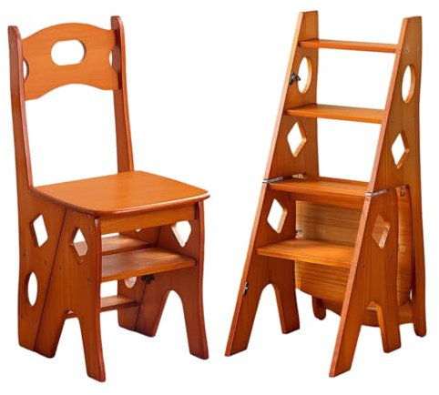 AIJUSSS Wooden Folding Ladder Chair,4 Tier Convertible Step Stool Chair,Library Chair,Storage Shelf for Living Room, Library(Dark wood color)