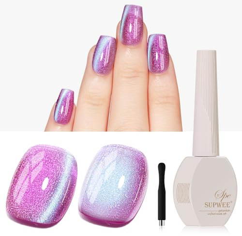 SUPWEE Cat Eye Gel Nail Polish, 15ML Glitter Shimmer Cat Eye Nail Polish with Magnet Purple Holographic Magnetic Gel for DIY Art Manicure Salon At Home