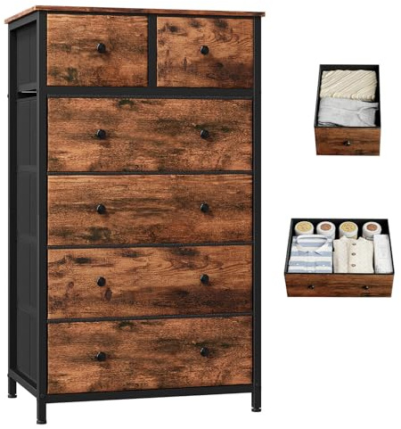 Somdot Kommode für Schlafzimmer, 6 Schubladen, Runde Griffe, Braun | Komodenschrank, Stoffkommode, Stoffschubladen, Wohnzimmer, Metallrahmen, Holzwerkstoffplatte, 40T x 60B x 102,5H cm