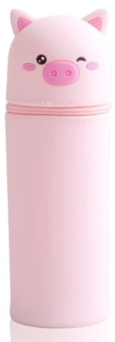 Satiskid Kawaii 2-in-1 Federmäppchen aus weichem Silikon, Wasserdicht & Multifunktional mäppchen, Süßes Schulgeschenk für Kinder, Tischstifthalter mit Reißverschluss, 6,5x19,5 cm (Rosa Schweinchen)