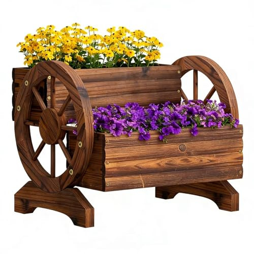 PULIJIAJU Maceta de jardín con ruedas, caja de madera para carro, maceta decorativa para flores, hierbas, verduras para decoración interior y exterior, carrito de flores para patio, jardín, balcón