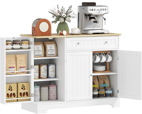 HOMCOM Aparador de Cocina Armario de Cocina Alacena con Estante de Puerta Cajón Puertas Magnéticas Estantes Ajustables Aparador para Comedor 105x40x83 cm Blanco y Roble