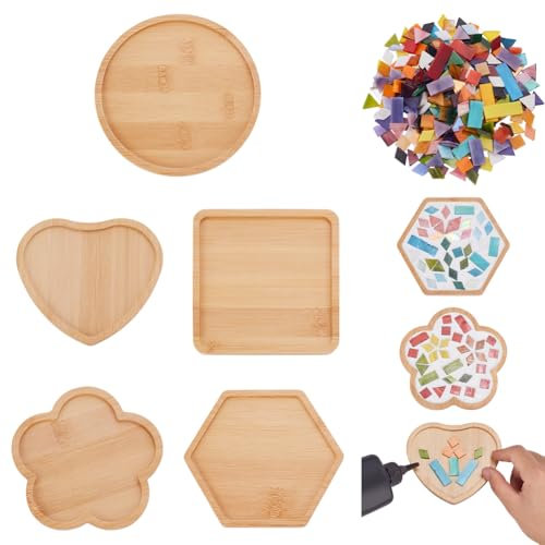 UNICRAFTALE 5Pcs DIY Glass Mosaic Base 5 Styles Mosaic Kits with Wooden Coaster for Adults Various Shapes Substrates for Coaster Handmade Glass Tiles Crafts for Home Decor Gifts