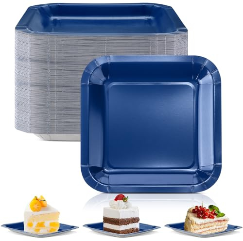 Dandat Lot de 50 petites assiettes à dessert carrées en carton Bleu marine | Petites assiettes jetables en vrac, feuille métallique, vaisselle pour anniversaire, mariage, fête d'anniversaire de mariage