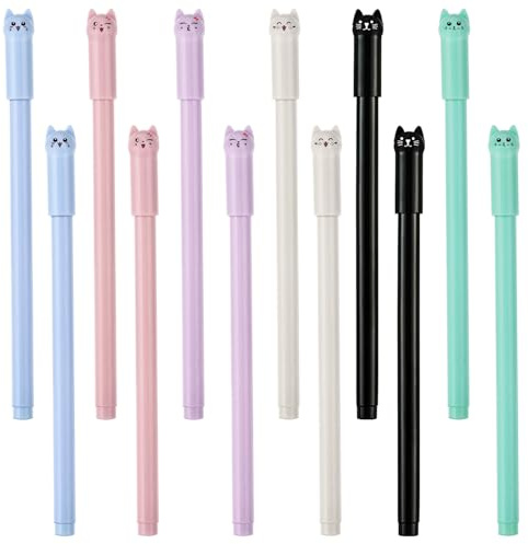 12 Stück Stift katze, Katzen Stifte, Kawaii Süße Cartoon Süße Stifte, Bunte Gelstifte für Erwachsene für Büro Katzen Gel Kugelschreiber Set für Kreative Zeichnungen Notizen