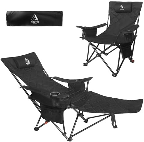ARURU Campingstuhl Faltbar 136KG mit Fußablage 3-Fach Verstellbarer Strandstuhl für Erwachsene mit Kissen Getränkehalter Liegestuhl Angelstuhl Campingstühle (Black Padded)