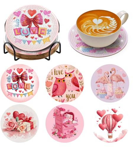 BNG Flamingo Diamond Painting Untersetzer Mit Halter, 6 Stück Rosa Herz DIY Bastel Untersetzer für Erwachsene, Kunstmalerei Sets für Frauen, Anfänger, Diamant Bastelzubehör