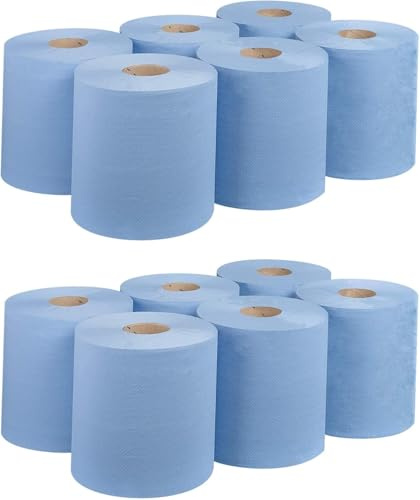 REQUISITE NEEDS 12 Blue Centrefeed Rolls, 2-Ply Embossed Paper Tissue Roll, Absorbent Hygienic Surface Wipes Ideal for Kitchen, Bathroom, Garage, Workshop & Paper Hand Towel Use, Multipurpose Cleaning