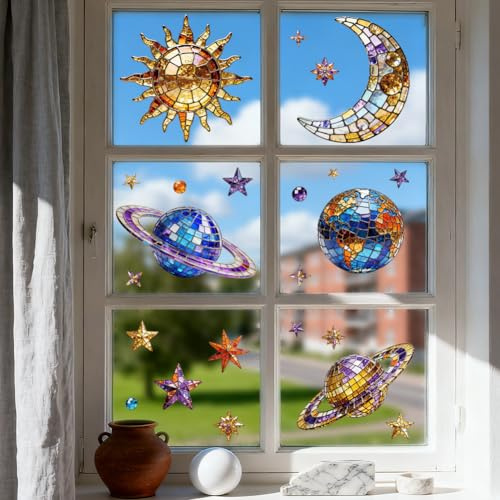 ANATTASOUL Sonne Und Mond Planeten Fensterbilder for Frühling Sommer | Doppelseitig Blickdichter Badezimmer Fensterbilder Kinderzimmer Wiederverwendbare Fensterbilder Frühling for Winter Herbst