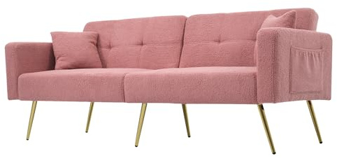 Azkoeesy Divano letto a 2 posti con funzione letto, 175 cm, schienale regolabile, gambe dorate, tasca laterale, 2 cuscini, divano in tessuto Sherpa (rosa)