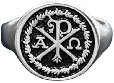 WORLD WIDE GEMS Chi Rho-Kreuz-Alpha-Omega-Ring, christlich-östlich-orthodoxer, Siegelring, religiöser kleiner Ring, Damen, Taufschmuck, Geschenk und ihn, Ringgröße US 5–12,5, versilbert, WW_PDR_00731