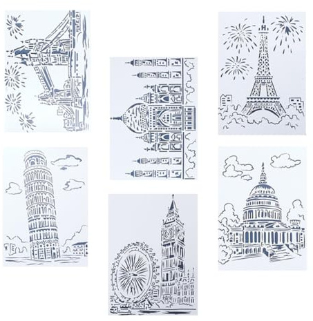 Parliky 6 Pièces Pochoirs de Peinture Murale Thème Ville en Pet Blanc, Modèle Creux Portable A4 pour Garçon et Filles, pour Tableau Graffiti et Peinture à Gratter