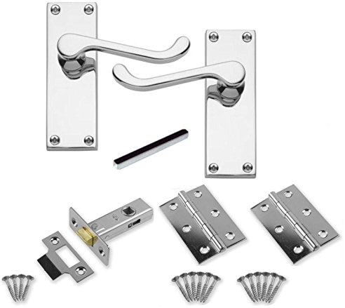 Golden Grace Victorian Scroll Door Handles Latch in Polished Chrome Finish with Hinges & Latches Pack, 1 Set - 120mm x 40mm Backplate