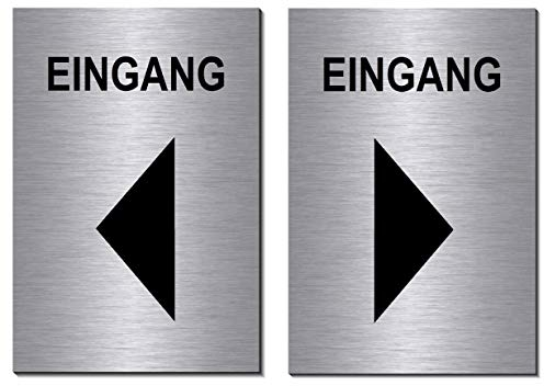 2er Set-Eingang-Pfeil links-rechts-Symbol-Laden-Geschäft-Schild 150 x 100 x 3 mm-Aluminium Edelstahloptik silber mattgebürstet Hinweisschild-Warnschild (2er Set Nr. 10 = 2 Stk. mit Löcher)