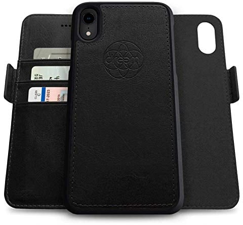 Dreem Fibonacci 2in1 Handyhülle Flipcase für iPhone XR | Magnetisches iPhone Case | TPU Etui Lederhülle Schutzhülle, RFID Schutz, Veganes Kunstleder, Geschenkbox | Schwarz