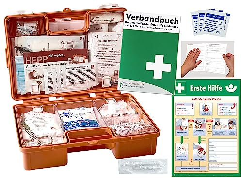 Verbandskoffer/Verbandskasten (K) INKL. 90° ARRETIERUNG -Paket 2- Erste Hilfe - aktuelle DIN 13157 für Betriebe -DSGVO- INKL. PERFORIERTEM VERBANDBUCH + Aushang