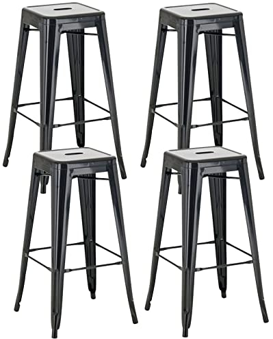 CLP Lot De 4 Tabourets De Bar Joshua I Tabouret De Bar Industriel Empilable Et Robuste I Repose-Pieds Structure A 4 Pieds I Hauteur Sičge 77 cm, Couleur:Noir