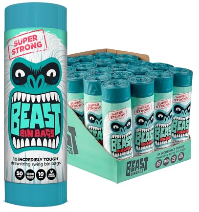 BEAST BIN BAGS, Mega Pack, 20 Rolls of 10 x 50 Litre Bags (Total 200 Bags) - Made From 100% Recycled LLDPE - Incredibly Strong Drawstring Swing Blue Bin Bags